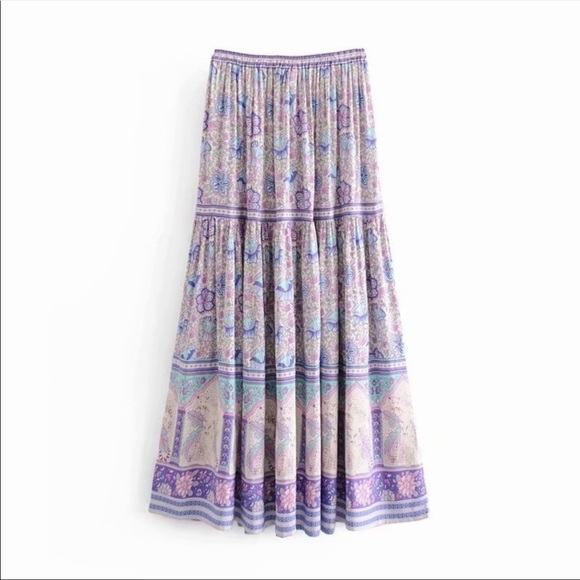 Boho gypsy floral print maxi skirt purple blue - Picture 2 of 7